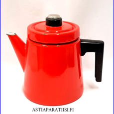 FINEL EMALI,'Pehtoori' kahvipannu,punainen noin 1,5 Ltr,Sis�ll� sihti,Design:Antti Nurmesniemi,suunniteltu 1957,Kuntokuvaus  k�yt�n j�lki�,Korkeus n.19 cm, 1 kpl,199� /kpl ( Tuote nro / Item #106N )