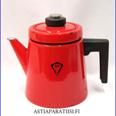 FINEL EMALI,'Pehtoori' kahvipannu,punainen noin 1,5 Ltr,Design:Antti Nurmesniemi,suunniteltu 1957,Kuntokuvaus  k�yt�n j�lki�,Korkeus n.19 cm, 1 kpl,129� /kpl ( Tuote nro / Item #110N )