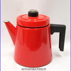 FINEL EMALI,'Pehtoori' kahvipannu,punainen noin 1,5 Ltr,Design:Antti Nurmesniemi,suunniteltu 1957,Kuntokuvaus  k�yt�n j�lki�,Korkeus n.19 cm, 1 kpl,149� /kpl ( Tuote nro / Item #111N )