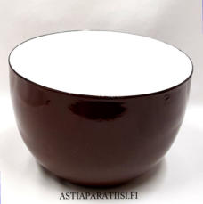 FINEL EMALI,Ruskea valkoinen emali salaattikulho,Design:Leif Eriksson ,Tuotannossa 1960-70 luku,Kuntokuvaus k�yt�n j�lki�,Halkaisija n. 21cm,Korkeus n.14 cm, 1 kpl, 75� /kpl ( Tuote nro / Item #124N )