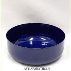 FINEL EMALI,Tummansininen emali salaattikulho,Design:Leif Eriksson ,Tuotannossa 1970- luku,Kuntokuvaus k�yt�n j�lki�,Halkaisija n. 20 cm,Korkeus n.7,5 cm, 1 kpl,42� /kpl ( Tuote nro / Item #134N )