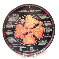 Retro iso peltinen  tarjotin,maustamisvihjeet,halkaisija n.48,5 cm,2kpl,58� /kpl. (Tuote nro / Item 215N)