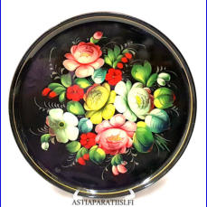 Ruusu-maalaus, vanha ven�l�inen kansan k�sity� maalaamalla metallitarjotin,(Rose painting, old Russian folk handicraft by painting a metal tray) halkaisija n.37,5 cm,1kpl,68� / kpl. (Tuote nro / Item 218N)