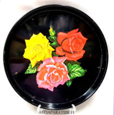 Kukka-aihe metallitarjotin,(Rose painting, old  folk handicraft by painting a metal tray) halkaisija n.30 cm,0 kpl, (Tuote nro / Item 221N)