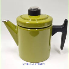 FINEL EMALI,Pikku-Pehtoori kahvipannu,vihre� v�ri,Design:Antti Nurmesniemi,suunniteltu 1957,Kuntokuvaus k�yt�n j�lki�,Korkeus n.16 cm, 0 kpl, ( Tuote nro / Item #302N )