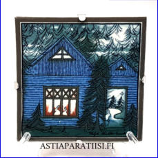 ARABIA, Sein�laatta " Sininen onnen talo " , Design:Helj� Liukko-Sundstr�m, Valmistettu 1995,Korkeus n. 11,8 cm, leveys n. 11,8 cm 55 �( Tuote nro / Item #244HL )