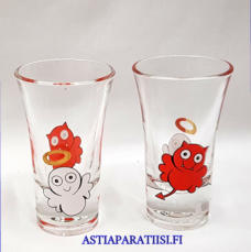 AARIKKA, Piru ja Enkeli snapsilasi ,Korkeus n.8,7 cm , Halkaisija n.5,2 cm, 2 kpl,6�/ kpl. ( Tuote nro / Item #505J )