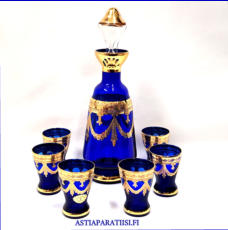 Koboltinsininen Murano kristalli Karahvi + 6 lasi  Tyylik�s 24 kt kultaa, Karahvin korkeus ilman korkkia n. 20 cm, lasien korkeus n.6,4 cm,( Tuote nro / Item #528J )