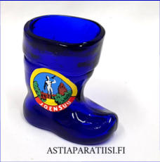 OY KUMELA, Saapas/lapikas,snapsilasi Joensuu vaakuna, sininen v�ri,Valmistettu 1975-85,Korkeus n.7 cm , Halkaisija n. 6,5 cm 1 kpl,20 �/ kpl. ( Tuote nro / Item #537J )
