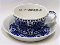 ARABIA,Ali sininen kahvikuppi, Design:Raija Uosikkinen.  Kaarina Ahon malli FC,NA malli,Kupin korkeus n.5,4 cm, halkaisija n.8,3 cm,Suunniteltu vuonna 1963-1974, 3 kpl,33�/kpl ( Tuote nro 152 Q )