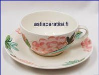 ARABIA,China Teekuppi ja aluslautanen,serikuva, kukka-aihe,Kupin korkeus n.6,5 cm, halkaisija n. 8,5 cm, Suunniteltu vuonna  1990-1991,0 kpl( Tuote nro 270Q )