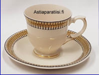 ARABIA, Medina mokkakuppi, Design: Olga Osol,Reunoissa kultaraita. Leima: Arabian kruunuleima,Kupin korkeus n.6 cm, halkaisija n. 6 cm, Suunniteltu vuonna 1949 - 1964, 1 kpl , 42�/ kpl ( Tuote nro 318Q )