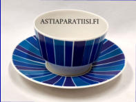 ARABIA,  sininen raita korvaton kuppi +lautanen,,Suunniteltu vuonna 1960, Kupin korkeus n. 4,5 cm, halkaisija n. 6,8 cm,3 kpl,32�/kpl ( Tuote nro 378Q )