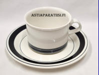 ARABIA,  Faenza Mustaraita kuppi +lautanen,Design:Peter Winquist,Suunniteltu vuonna 1970 (malli), 1971 (koriste), Kupin korkeus n. 6,5 cm, halkaisija n. 9 cm,3 kpl,48�/kpl ( Tuote nro 379Q )