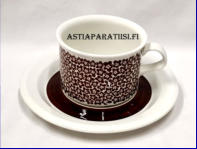 ARABIA,  Faenza ruskeakukka kuppi +lautanen,Design:Inkeri Sepp�l� ( koriste ), Peter Winquist ( malli ),Suunniteltu vuonna1970 (malli), 1972 (koriste), Kupin korkeus n. 6,5 cm, halkaisija n. 9 cm,3 kpl,68�/kpl ( Tuote nro 380Q )
