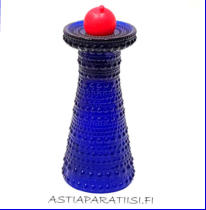 NUUTAJ�RVI,sininen k��nt�maljakko / kynttil�njalka,Kastehelmi. Design:Oiva Toikka,Valmistettu 1964-luvulta,mitat Korkeus,n.15,5 cm, halkaisija n. 7 cm, 4 kpl, 84 �/kpl( Tuote nro / Item #110C )