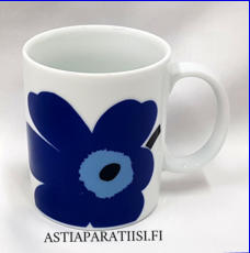 MARIMEKKO, sininen UNIKKO- muki,Design: Maija Isola 1964,korkeus n.8,9 cm, halkaisija n.7,5 cm, ,0 kpl,( Tuote nro 228 P )