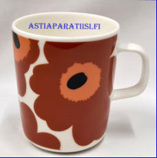 MARIMEKKO,Unikko Muki 25 cl,  Valkoinen-ruskea-musta,Design: Maija Isola, korkeus n.9,5 cm, halkaisija n.7,8 cm, 0 kpl, ( Tuote nro 236 P )