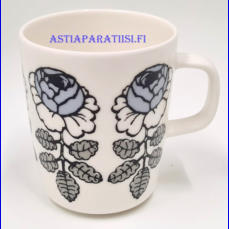 MARIMEKKO, Vihkiruusu muki,valkoinen/lila kukka,Design: Maija Isola  ,korkeus n.9,5 cm, halkaisija n.8 cm, 5 kpl, 64 �/kpl,( Tuote nro 258 P )