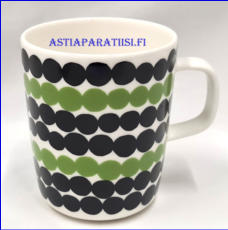 MARIMEKKO,Oiva - Siirtolapuutarha R�symatto muki 2,5 dl,mustan ja vihre�n s�vyisen�, Design: Maija Louekari, Sami Ruotsalainen, korkeus n.9,5 cm, halkaisija n.8 cm, 1 kpl,25�/kpl ( Tuote nro 399 P )