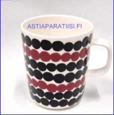 MARIMEKKO,Oiva - Siirtolapuutarha R�symatto muki 2,5 dl,valkoinen mustan ja punainen, Design: Maija Louekari, Sami Ruotsalainen, korkeus n.9,5 cm, halkaisija n.8 cm, 0 kpl, ( Tuote nro 455 P )