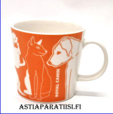 ARABIA,Royal Canin teema muki,Design:Niina Aalto (koriste), Kaj Franck (malli),korkeus n.8 cm, halkaisija n.8,5 cm, 2 kpl, 48 �/kpl,( Tuote nro 447 P )