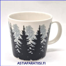 ARABIA ,Teema muki Helena tuote, mukiin perustuen suomalaiset mets�t, kuten kuuset, on kuvattu mustana ja harmaana, 2kpl, 75 �/kpl,( Tuote nro 107 P )