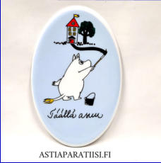 ARABIA, Muumipojan ovilaatta (1993-1997),Moomin boy's door sign (1993-1997),Design:Tove Slotte-Elevant / Tove Jansson,Leveys n. 8,4 cm, korkeus n.12,9 cm,1 kpl,48�kpl,( Tuote nro 284M )