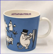 ARABIA,Muumimuki Sininen, maalaavat muumit ,Moomin Mug blue (1990-1996),Design: Tove Slotte-Elevant,Korkeus n. 8 cm, halkaisija n. 8 cm, 3kpl,289�/kpl,( Tuote nro 108M )