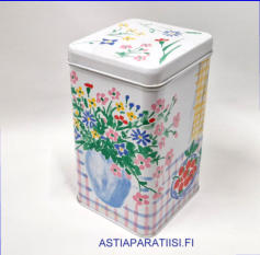PELTIPURKKI, Marimekko vanha peltipurkki,Pohjaan merkitty marimekko, Made in Finland,Korkeus n. 18 cm, leveys n. 11 cm,1 kpl,25 � /kpl ( Tuote nro / Item #101PP )