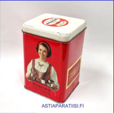 PELTIPURKKI, Pauligin kahvipurkki. Valmistettu arviolta 1960-luvun puoliv�liss�,Korkeus n. 16 cm, leveys n. 10 cm,2 kpl,15 � /kpl ( Tuote nro / Item #100PP )