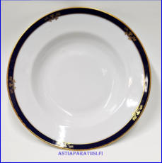 ARABIA,sininen reuna kultakoriste  syv� ruokalautanen,Valmistettu 1935-1939, leveys n. 24,7 cm,6 kpl,30�/kpl, ( Tuote nro 346R )