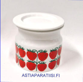 ARABIA, Hillopurkki,Pomona iso Mansikka purkki kannella, Design:Raija Uosikkinen,tuotannossa 1969-luku.korkeus:n. 9,5 cm, Halkaisija: n.10 cm,0kpl, Tuote nro 100 Y )