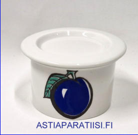 ARABIA, Hillopurkki,luumu retro,Pomona kannella, Design: Raija Uosikkinen,Valmistusvuosi 1965-1973-luku,korkeus:n.8,5 cm, Halkaisija: n.8,5 cm,1kpl,85�( Tuote nro 106 Y )