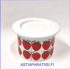 ARABIA, Hillopurkki,Pomona Mansikka purkki kannella, Design:Raija Uosikkinen,tuotannossa 1965-1973-luku.korkeus:n. 6,5 cm, Halkaisija: n.8,5 cm,0kpl( Tuote nro 101 Y )