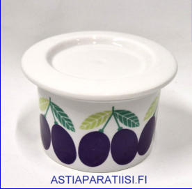ARABIA,Hillopurkki,Pomona luumu retro,kannella,Design:Raija Uosikkinen,Valmistusvuosi 1965-73-luku,korkeus:n.6,5 cm, Halkaisija: n.8,5 cm,1kpl,75�( Tuote nro 110 Y )