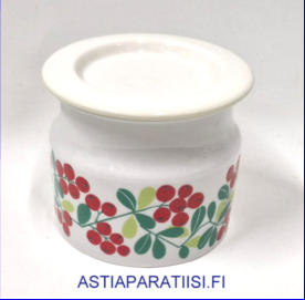 ARABIA,Hillopurkki,Pomona Puolukka retro,kannella,Design:Raija Uosikkinen,Valmistusvuosi 1965-73-luku,korkeus:n.9 cm, Halkaisija: n.10 cm,1kpl,85�( Tuote nro 111 Y )
