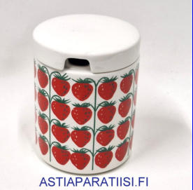ARABIA,Pomona mansikka, purkki, purnukka kannellinen,Tuotannossa,1965-1975-luku,korkeus:n.11,5 cm, Halkaisija: n.9 cm,1kpl,135�( Tuote nro 114Y )