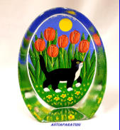 IITTALA,Lasikortti Kissa ja tulppaanit Design:Martti Lehto,korkeus 13,2 cm, ja leveys 10,5 cm,1kpl,65�/kpl
