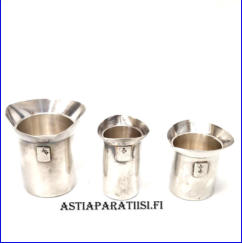 Alkoholimitta 3 kpl ruostumaton ter�s,halkaisija,n.7 ja 4,3 ja 5 cm, kork.n. 7 ja 6,3 ja 5,5 cm , 3kpl yht. 60�/kpl,( Tuote nro 178TA)